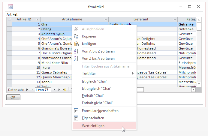 Einfügen von Werten per Kontextmenü