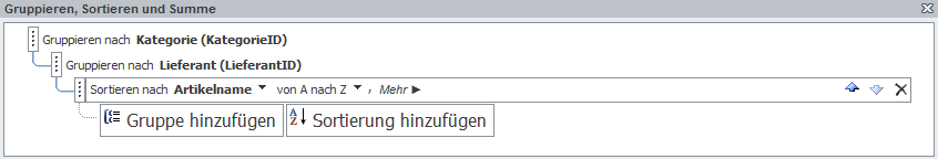 Dialog zum Festlegen von Sortierungen und Gruppierungen