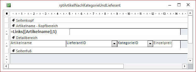 Leerer Kopfbereich für die Gruppierung nach dem Feld ArtikelID
