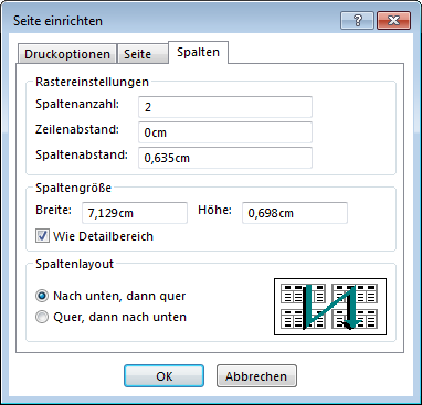 Einstellungen für die Spalten einer Seite