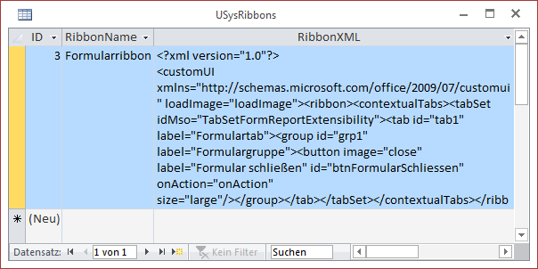 Die Tabelle USysRibbons speichert die Ribbon-Definitionen der Anwendung.