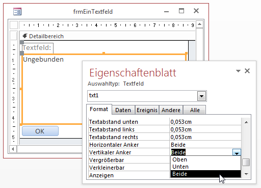 Einstellen der Anker für ein Textfeld