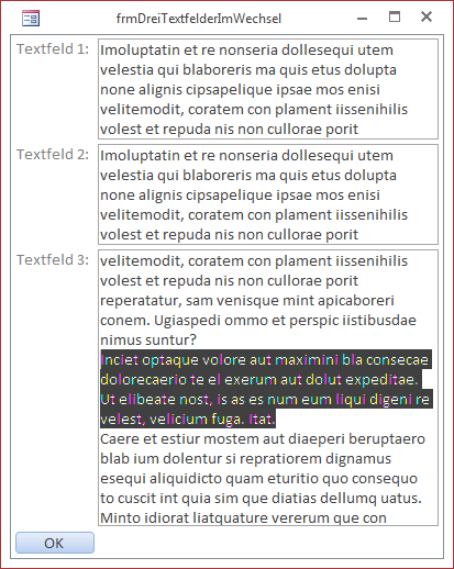 Auch mit drei Textfeldern gelingt die wechselseitige Anpassung der Größe.
