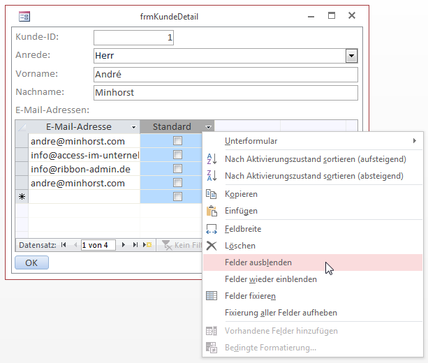 Die Spalten des Unterformulars müssen noch angepasst werden.