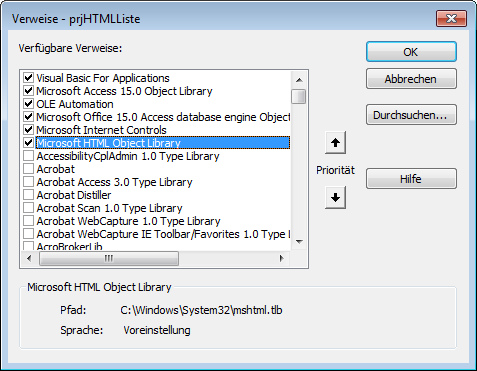 Zusätzlicher Verweis auf die Bibliothek Microsoft HTML Object Library
