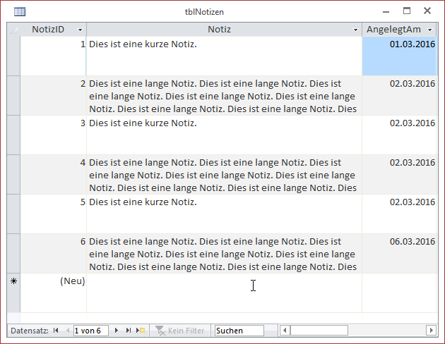 Beispieldaten für die Tabelle tblNotizen