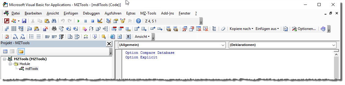 MZ-Tools 8.0 kommt mit zwei Symbolleisten sowie einem Menüleisten-Eintrag