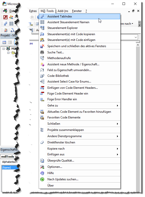Befehle der Menüleiste von MZ-Tools