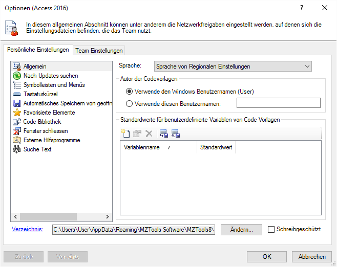 Optionen-Dialog der MZ-Tools 8.0