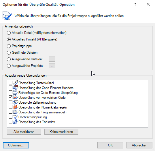 Optionen zum Überprüfen der Code-Qualität