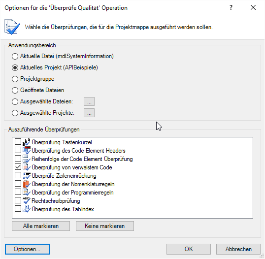Optionen zum überprüfen der Code-Qualität