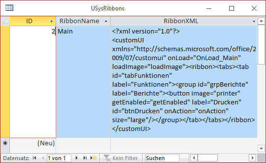 Tabelle mit der Ribbon-Definition