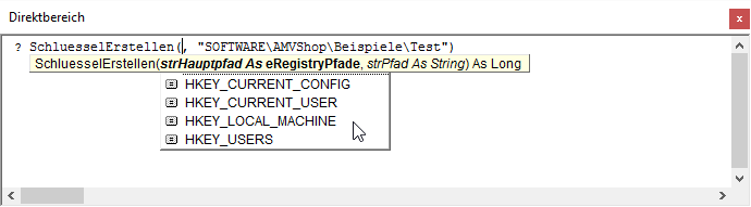 Aufruf der Funktion SchluesselErstellen mit IntelliSense-Unterstützung