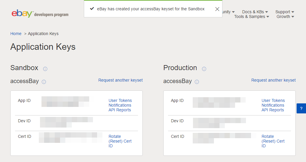 Übersicht mit den Application Keys für den Sandbox- und für den Production-Modus