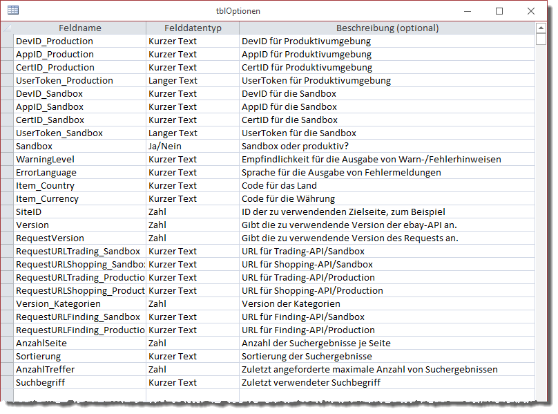 Tabellen zum Speichern der Optionen