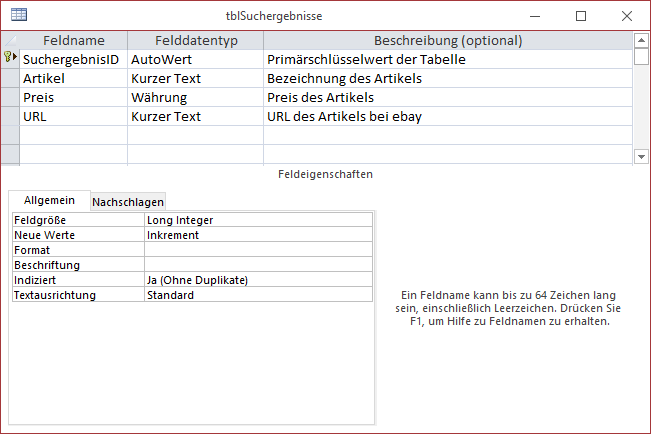 Tabelle zum Speichern von Suchergebnissen