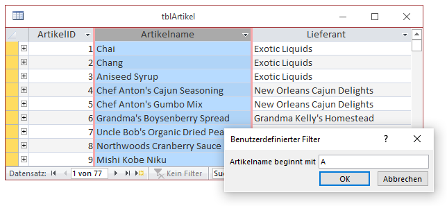 Filtern der Datensätze der Tabelle tblArtikel