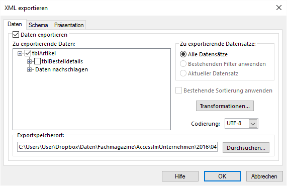 Weitere Optionen für den XML-Export