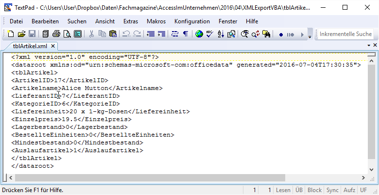 XML-Export mit Filter nach Artikelname