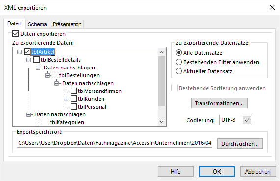 Auswahl der zu exportierenden Tabellen per TreeView und Kontrollkästchen