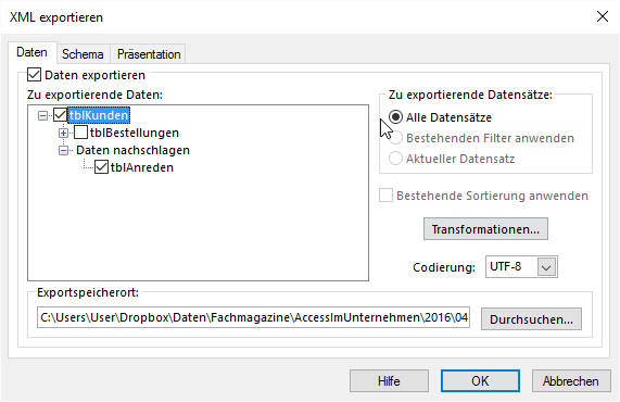 Definition des Exports von Kunden und ihren Anreden