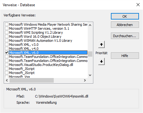 Verweis auf die Bibliothek Microsoft XML, v6.0