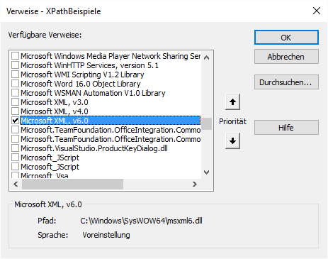 Hinzufügen des Verweises auf die XML-Bibliothek