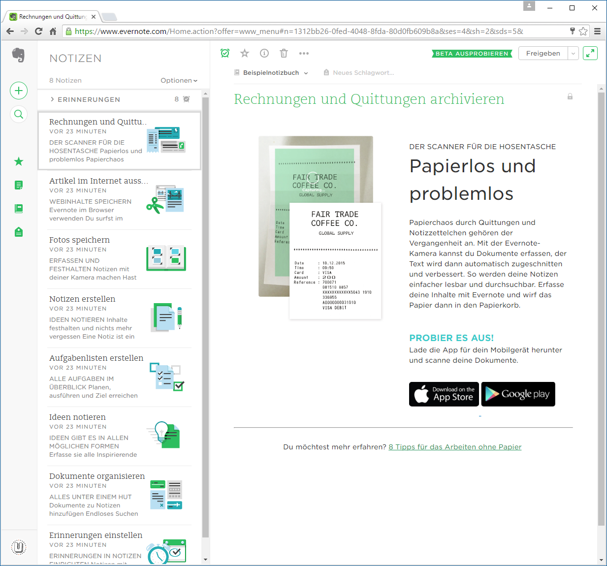 Zugriff auf Evernote per Browser