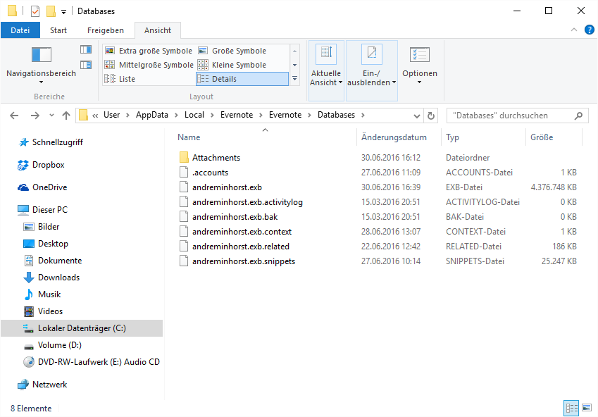 Windows-Verzeichnis mit den Evernote-Dateien