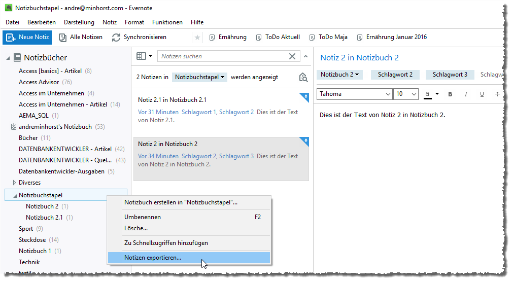 Exportieren eines Notizbuchstapels