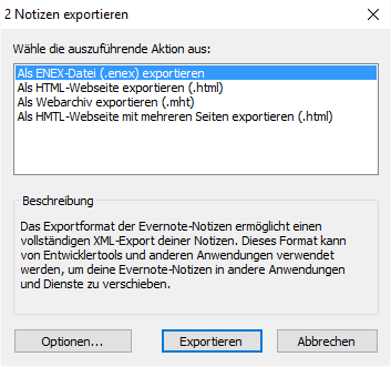 Dialog mit den Export-Optionen