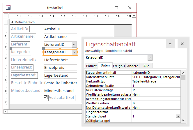 Formular mit der Standardwert-Eigenschaft im Entwurf