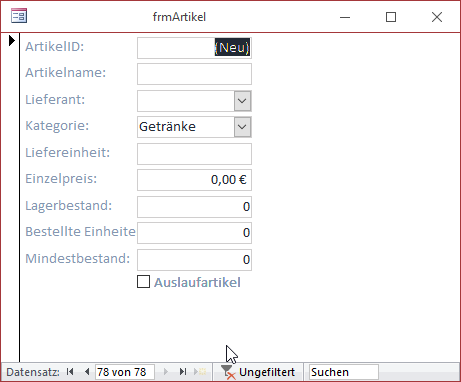 Kategorie Getränke als Standardwert