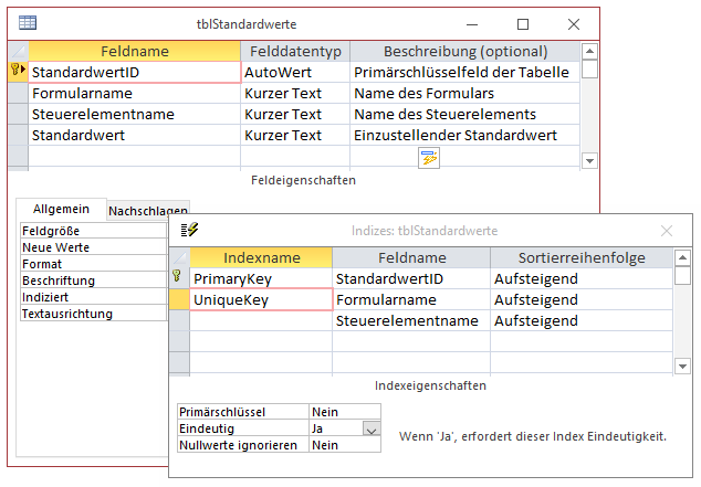 Tabelle zum Speichern von Standardwerten