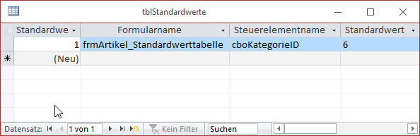 Tabelle zum Speichern von Standardwerten, Datenblattansicht