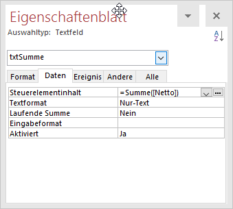 Einstellung der Eigenschaft LaufendeSumme für die Summenfelder