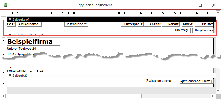 Der Seitenkopf in der Entwurfsansicht