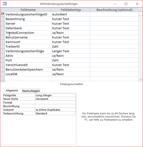 Entwurf der Tabelle zum Speichern der Verbindungszeichenfolgen