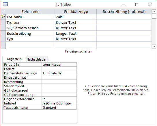 Entwurf der Tabelle zum Speichern der Treiber