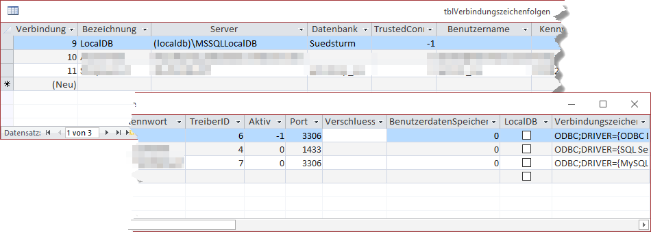 Tabelle mit den Daten einer Verbindungszeichenfolge