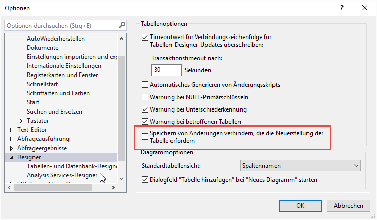 Neuanlegen von Tabellen zum Zwecke des Speicherns von änderungen erlauben