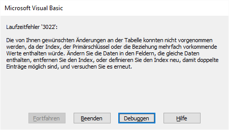 Fehler beim Einfügen eines Datensatzes mit einem bereits vorhandenen Primärschlüsselwert in eine lokale Tabelle