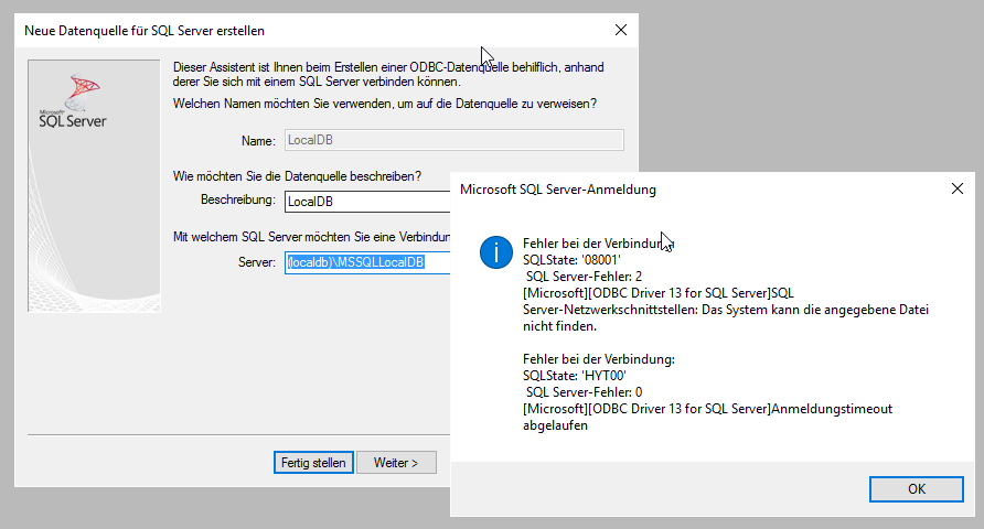 Fehler beim Versuch, per Datenquelle auf LocalDB zuzugreifen