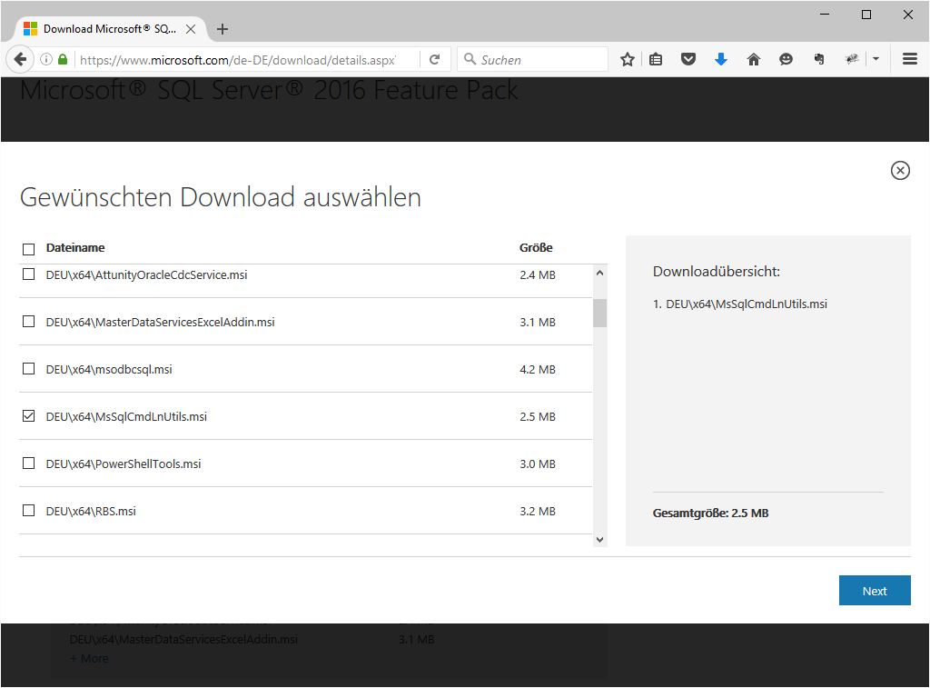 Download des Kommandozeilentools SQLCMD