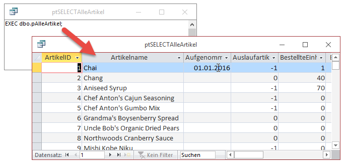 Ergebnis der Pass-Through-Abfrage