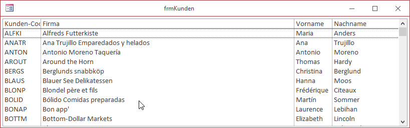 Mit einer kleinen Ereignisprozedur passt sich die Spaltenbreite des Feldes Firma immer der Listenfeldbreite minus den übrigen fixen Spaltenbreiten an.