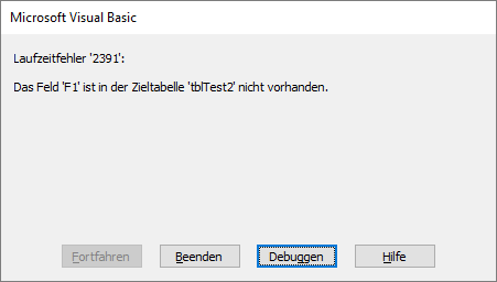 Fehlermeldung beim Importieren ohne Feldnamen in eine bestehende Tabelle