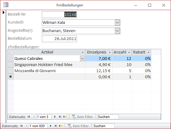 Formular und Unterformular zur Verwaltung von Bestellungen