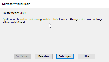 Fehler, wenn nicht alle Seiten der UNION-Abfrage die gleiche Anzahl Felder enthalten