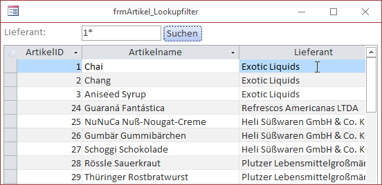 Alle Artikel, die zu einem Lieferanten gehören, der mit einer LieferantID wie 1* beginnt